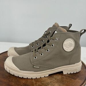 Palladium Olive Green Canvas High-Top Sneakers with Cream Soles